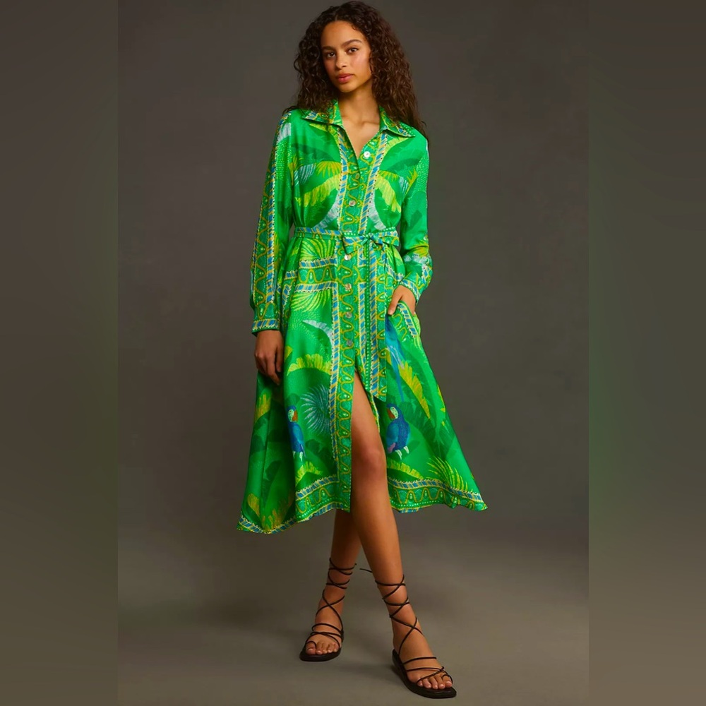 NWT FARM Rio Macaw Scarf Chemise Green Midi Shirtdress Shirt Dress S Small